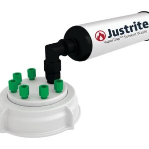 Image of a cylindrical Justrite VaporTrap Solvent Waste container with a white base, green ports, and a black elbow joint connector, featuring a Justrite Cap (PP, 70mm) for safe solvent vapor management.