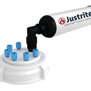 The image features a Justrite VaporTrap solvent waste system with a black cylinder and white base, showcasing blue-capped openings for efficient containment. It includes the versatile Justrite Cap (PP, 70mm, 6X 1/8Od, with Fil). VaporTrap Solvent Waste is printed on the cylinder.