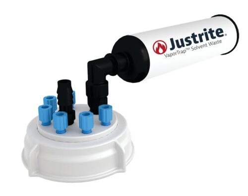 The Justrite Cap, PP, 70mm, 6X 1/8, 1XHB with filter is a vapor trap featuring a white cylindrical body and black ends. It connects to a circular base using multiple blue and black connectors for effective containment.