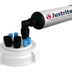 A white cylindrical container labeled Justrite VaporTrap Solvent Waste features a 70mm Justrite Cap with a black nozzle and rests on a circular white base with several black and blue capped openings.