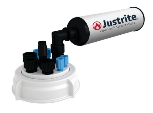 The image highlights a Justrite VaporTrap Solvent Waste System with a Justrite Cap, 70mm, featuring a cylindrical filter and blue and black nozzles. This expertly crafted system efficiently manages solvent vapors.