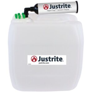 A durable white Justrite container (13.5L, HDPE) with a VaporTrap Solvent Waste attachment and green caps in the top left corner prominently displays the trusted Justrite logo on both the side and attachment.