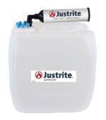 A Justrite Car HDPE 13.5L container, featuring the 70Cap design and a black and blue nozzle attachment, prominently displays the Justrite logo and website on its front.