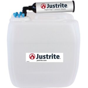 A Justrite Car HDPE 13.5L container, featuring the 70Cap design and a black and blue nozzle attachment, prominently displays the Justrite logo and website on its front.