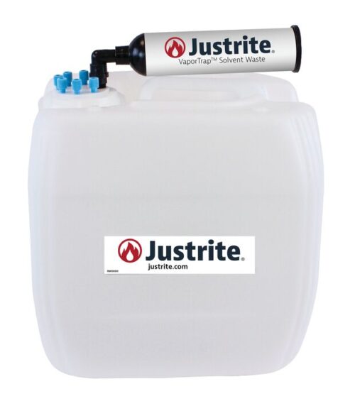 A Justrite Car HDPE 13.5L container, featuring the 70Cap design and a black and blue nozzle attachment, prominently displays the Justrite logo and website on its front.