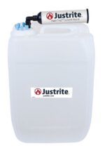 The Justrite Car 20L solvent waste container, made of durable HDPE, includes a VaporTrap and a blue nozzle cap. It features the brand logo and website on its design.