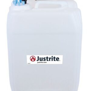 The Justrite Car 20L solvent waste container, made of durable HDPE, includes a VaporTrap and a blue nozzle cap. It features the brand logo and website on its design.