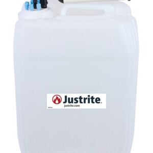 A white Justrite canister, similar to the Justrite Car model (Justrite Car, Hdpe, 20L, 70Cap, 6Prt, Hb, Fil), includes a VaporTrap Solvent Waste attachment. Its front displays the Justrite logo and website text.