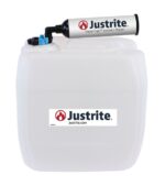 The white Justrite Car, Hdpe, 13.5L container, labeled VaporTrap Solvent Waste, features a cylindrical top, displays the Justrite logo and website URL, and includes the 70Cap Fil for secure waste management.