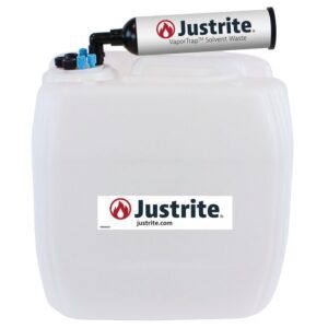 The white Justrite Car, Hdpe, 13.5L container, labeled VaporTrap Solvent Waste, features a cylindrical top, displays the Justrite logo and website URL, and includes the 70Cap Fil for secure waste management.