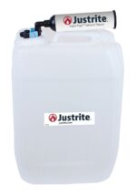 The Justrite Car HDPE 20L container features a cylindrical attachment with the brand logo and URL, two blue and black connectors for secure sealing, and a 7Port option for enhanced utility.