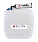The Justrite Car HDPE 13.5L container, model 70Cap, is ideal for solvent waste collection with its sturdy black handle and top spout. It displays the Justrite logo and website, justrite.com.