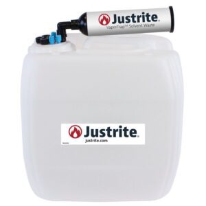 The Justrite Car HDPE 13.5L container, model 70Cap, is ideal for solvent waste collection with its sturdy black handle and top spout. It displays the Justrite logo and website, justrite.com.