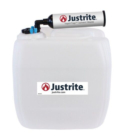 The Justrite Car HDPE 13.5L container, model 70Cap, is ideal for solvent waste collection with its sturdy black handle and top spout. It displays the Justrite logo and website, justrite.com.