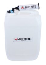 The Justrite Car, Hdpe waste disposal container features a VaporTrap system and an ergonomic handle, with a 20L capacity. It proudly displays the Justrite logo and website, making it your reliable choice for efficient waste management.