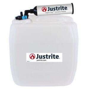 A Justrite Car, Hdpe, 13.5L container with a 70Cp VaporTrap Solvent Waste filter on top ensures safe solvent waste management. It is made from durable HDPE and features the brands logo and website prominently displayed.