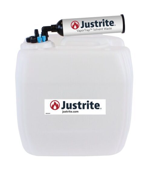 A Justrite Car, Hdpe, 13.5L container with a 70Cp VaporTrap Solvent Waste filter on top ensures safe solvent waste management. It is made from durable HDPE and features the brands logo and website prominently displayed.