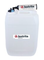 A 20L large white Justrite Car container made of HDPE, with VaporTrap™ Solvent Waste on top, and includes a small meter and valve for flow control.