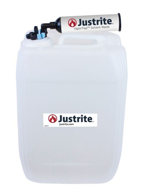 A 20L large white Justrite Car container made of HDPE, with VaporTrap™ Solvent Waste on top, and includes a small meter and valve for flow control.