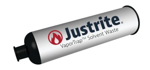 Image of a sleek white cylindrical container labeled Justrite VaporTrap™ Solvent Waste with a flame symbol, featuring black caps and the Justrite Filter for superior carbon filtration. Available in a pack of one, it ensures safe solvent disposal.