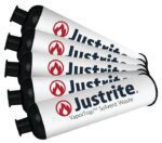 A diagonal pack of five Justrite Filter Carbon canisters with black nozzles, red flame logos, and a white background.