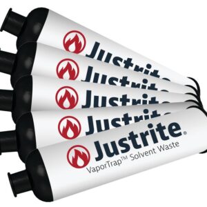 A diagonal pack of five Justrite Filter Carbon canisters with black nozzles, red flame logos, and a white background.