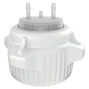 The Justrite Car Cap, 53mm size (2X1/8), is a white plastic bottle cap with two protruding spouts and textured sides for easy gripping.