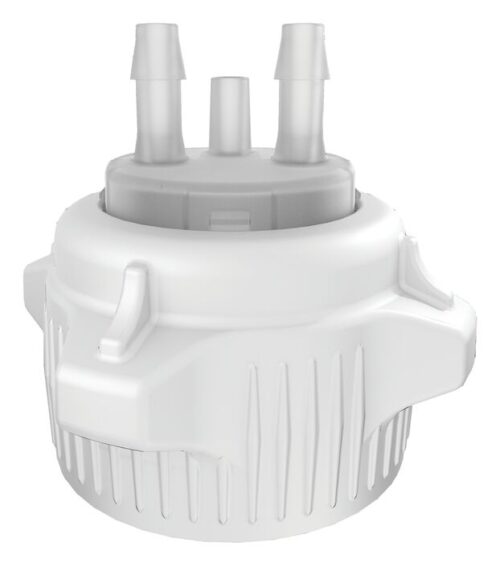 A Justrite Car Cap, 53Mm Mhb Adap features a ribbed, cylindrical white body with three vertical top connectors and two side handles, designed to fit the 53Mm specifications against a plain white background.