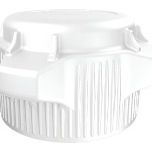 The Justrite Car Cap, 83mm, Closed, 2/Pk features a ribbed white plastic design with a slightly domed top and raised grips for easy opening, adding to its utilitarian charm. The caps are securely closed against a plain white background.