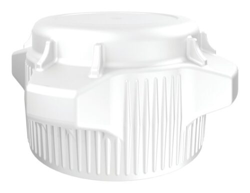 The Justrite Car Cap, 83mm, Closed, 2/Pk features a ribbed white plastic design with a slightly domed top and raised grips for easy opening, adding to its utilitarian charm. The caps are securely closed against a plain white background.