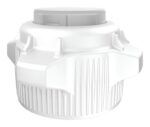 The Justrite Car Cap, 83mm, is a white hexagonal plastic cap featuring Clsd Adp technology with textured sides and gray circular top. It has angular protrusions for easy handling and is designed to secure or seal containers. Comes in a pack of 2.