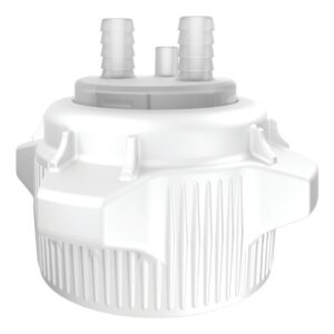 The Justrite Car Cap is an 83mm white cylindrical plastic component with ribbed sides and two protruding nozzle-like connectors on top for hose attachment, designed for operational efficiency.