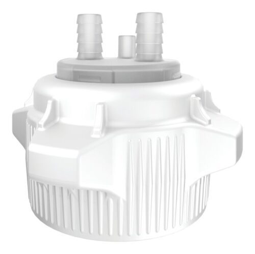 The Justrite Car Cap is an 83mm white cylindrical plastic component with ribbed sides and two protruding nozzle-like connectors on top for hose attachment, designed for operational efficiency.
