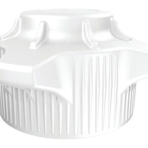 White plastic Justrite Car Cap, 120 mm, with a wide, tapered design and ribbed grip edges. Features a scalloped top and closed vertical grooves for easy handling, sold in packs of 2.
