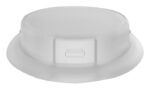 White plastic lid with flat top and raised edge, featuring a central rectangular tab. The closed design is perfect for sealing containers, fitting snugly like the Justrite Adapter, Closed on 53mm openings.