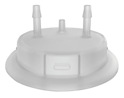 Close-up of a Justrite Adapt 53mm round translucent plastic lid featuring three cylindrical spouts, a flat border, and a side rectangular indentation.