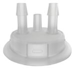Close-up of a 53mm white plastic lid, part of the Justrite Adapt system, featuring a smooth, slightly reflective surface with three varying-height protruding spouts and a rectangular indentation at the front.