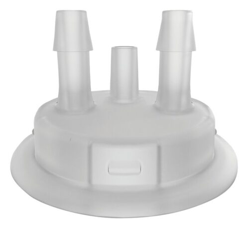 Close-up of a 53mm white plastic lid, part of the Justrite Adapt system, featuring a smooth, slightly reflective surface with three varying-height protruding spouts and a rectangular indentation at the front.