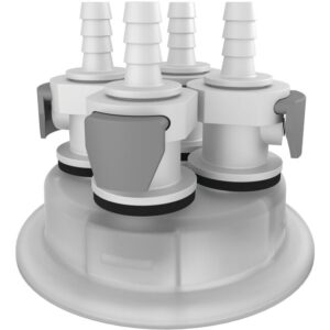 Close-up of the Justrite Adapt, featuring a sleek and functional 83mm white and gray plastic connector with Quick Connect, equipped with four 1/4 HB hose barbs and cleverly positioned levers to secure attachments around its circular base.