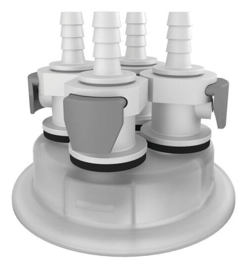 Close-up of the Justrite Adapt, featuring a sleek and functional 83mm white and gray plastic connector with Quick Connect, equipped with four 1/4 HB hose barbs and cleverly positioned levers to secure attachments around its circular base.