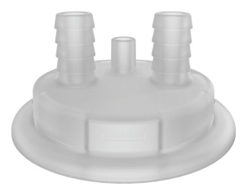 The Justrite Adapt, 83Mm screw cap features two 1/2 Mold In Hb nozzles of varying heights and ribbed connectors for secure attachment to tubing or hoses, ideal for fluid transfer or airtight sealing needs.