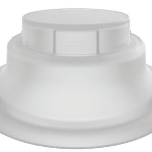 A close-up shows a gray, tiered, round plastic object measuring 120 mm, with a flat top and wide base. Its smooth surface appears hollow and resembles part of a Justrite Adapter, Closed.