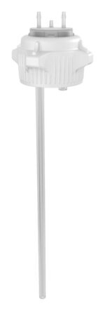 A white, cylindrical Justrite Cap with vertical ridges, featuring a long narrow pipe and two small Opn protrusions on top. The edges are rounded, and it all sits against a plain white background.