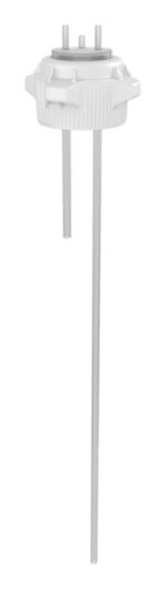 The device resembles a Justrite Cap, 83Mm with a white cylinder and two long vertical rods. The top features two short, threaded bolts approximately 2X 1/4Hb high, and its surface has subtle ridges that contribute to its unique appearance.