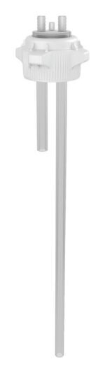 The Justrite Cap, 83mm Opn pump features a white, cylindrical plastic design with multiple nozzles and long, thin tubes for efficient liquid dispensing.
