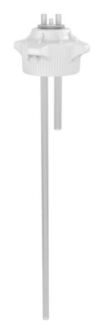 A sleek white cylindrical plastic object, similar to a Justrite Cap, 120mm diameter, with three metal prongs on top and two long rods extending downward, suggests its part of a mechanical or electrical device.