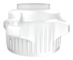 The Justrite Cap,53Mm,Opn Cap,W/Closed Adap is a white plastic cap with a circular design featuring grooves and raised rectangular sections on the sides. Its top has a slightly elevated smaller circle in the center, all within a compact 53mm span.