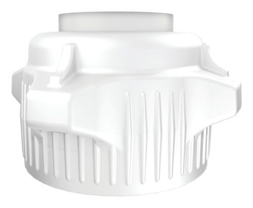 The Justrite Cap,53Mm,Opn Cap,W/Closed Adap is a white plastic cap with a circular design featuring grooves and raised rectangular sections on the sides. Its top has a slightly elevated smaller circle in the center, all within a compact 53mm span.