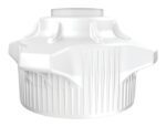 The Justrite Cap is a white, octagonal plastic lid with vertical grooves and raised ridges around the side. It features a wide 120mm circular opening at the top, offering an industrial and functional design for sealing containers with open cap or closed adap compatibility.