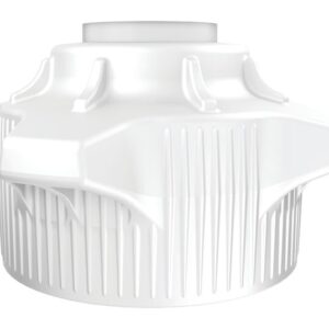 The Justrite Cap is a white, octagonal plastic lid with vertical grooves and raised ridges around the side. It features a wide 120mm circular opening at the top, offering an industrial and functional design for sealing containers with open cap or closed adap compatibility.